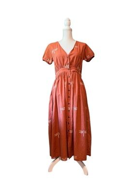 Chidiyaa Rust Maxi Dress with Button Front and White Drangonflies